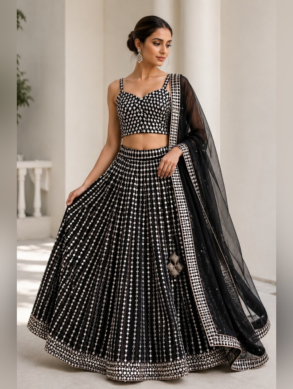 Black Organza Embroidered Mirror Sweetheart Linear Lehenga Choli - 36
